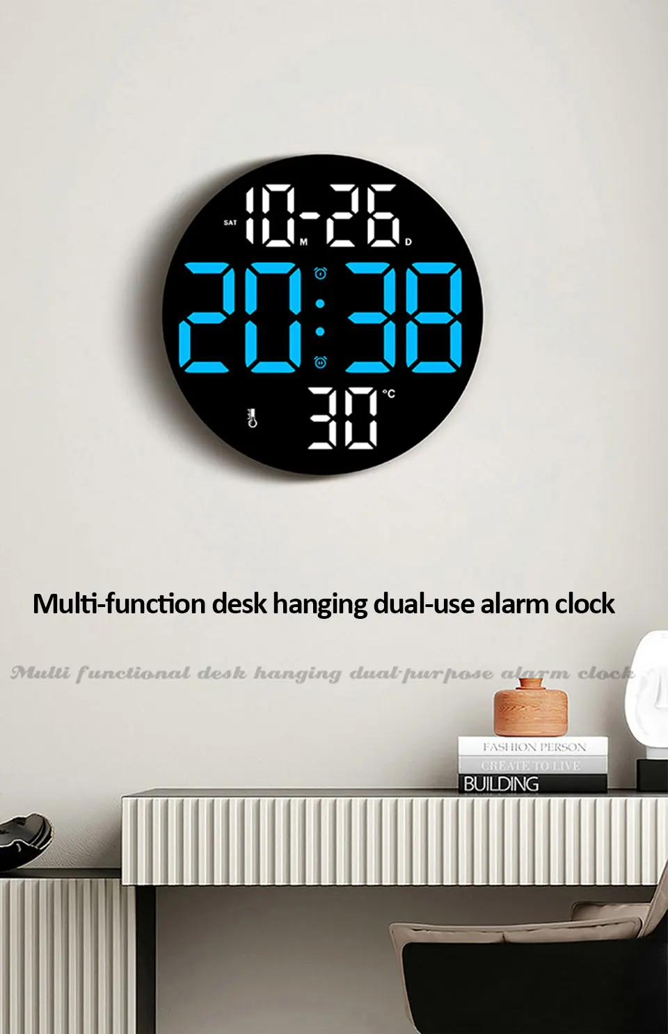 Description Picture 2 of item10inch LED Large Digital Wall Clock with Dual Alarms Calendar and Temperature Display Brightness Adjustable Countdown Home Clock