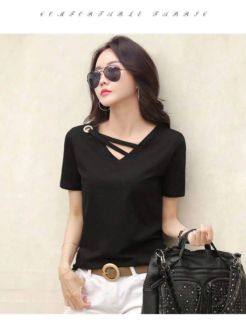 MRMT 2023 Brand New Donna Manica Corta Bianco T- Donna Scollo a V Allentato Versione Coreana Di Camicetta Nera Casual Ins_voghion.com