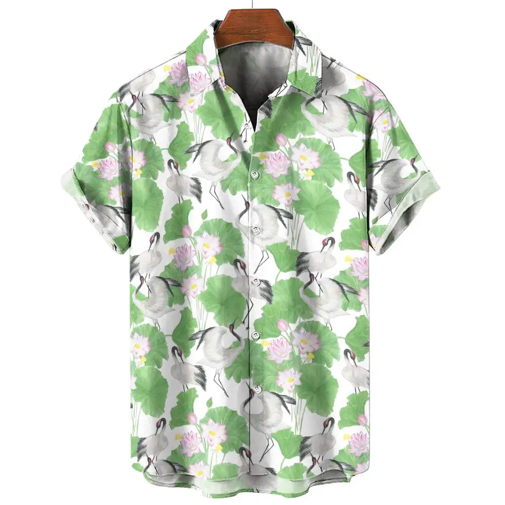 

Fashion Hawaiian Shirt For Men Button Lapel Short Sleeve Shirts Summer Male Clothing 3D Animal Chinese Crane Printed Blouse