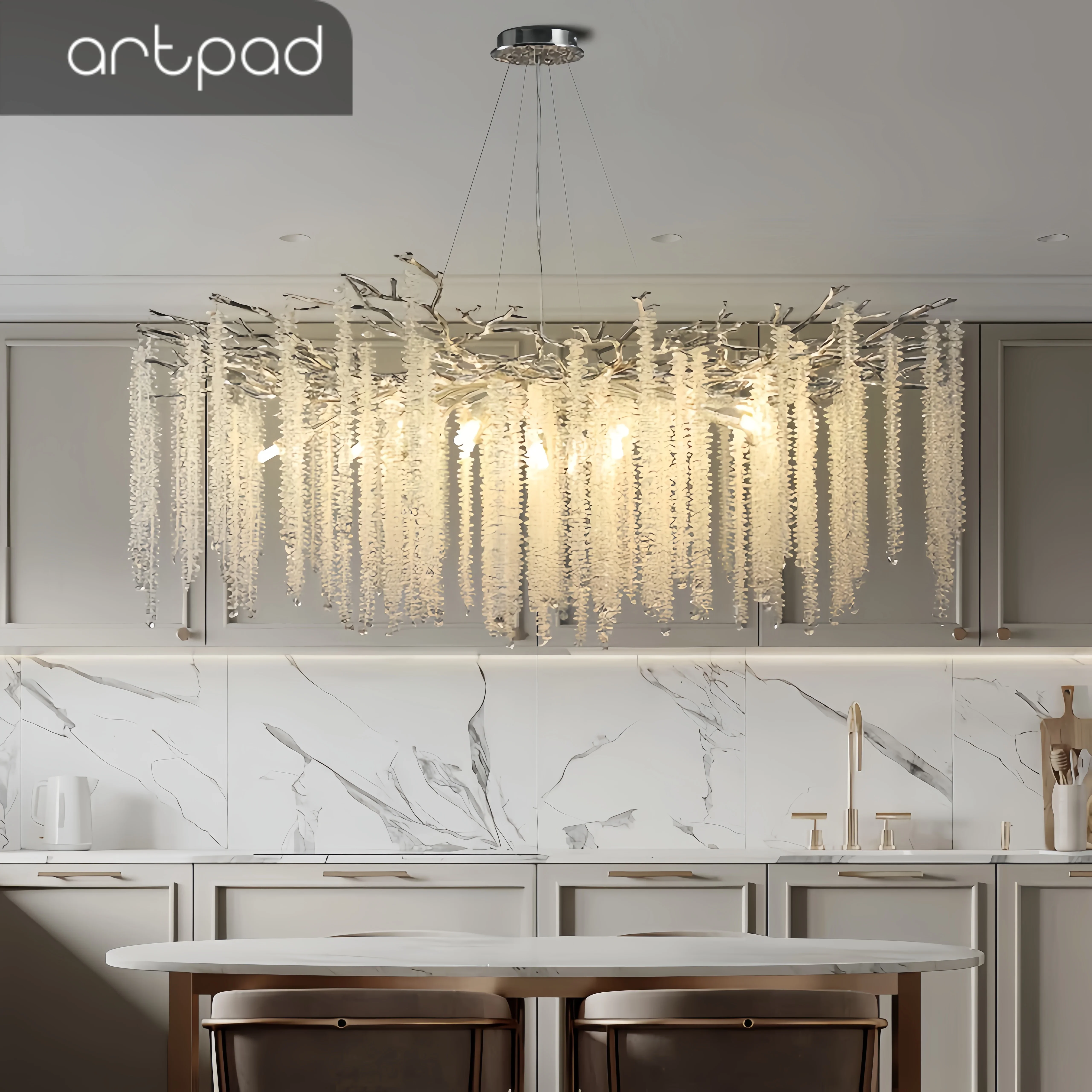 Modern Sliver K9 Crystal Chandelier Light Luxury Tree Branch Round Chandeliers Foyer Ceiling Light Fixtures for Dining Room