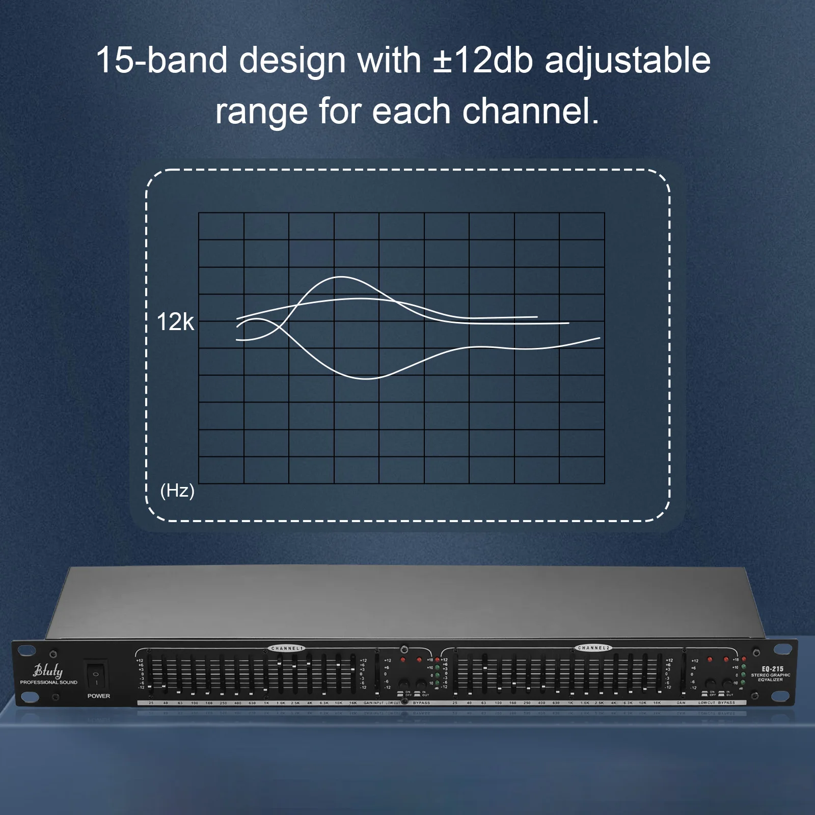 Professional Dual Channels Stereo Graphic Equalizer EQ-215 15-Band Equalizer with LOW-CUT Switch Standard 1U Rack Mount Design