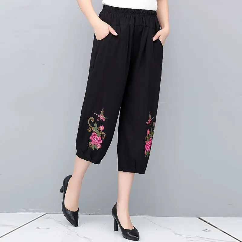 Summer New Women's Cotton Linen Embroidered Pants Black Embroidery Elastic High Waist Pockets Casual Versatile Straight Trousers