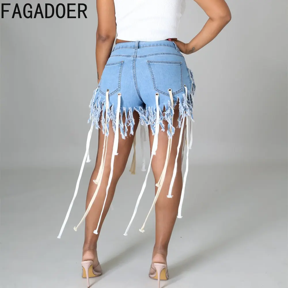 FAGADOER Fashion Streetwear Women Tassels Design Denim Shorts Female High Waist Button Zipper Cowboy Shorts Casual Bottoms Blue