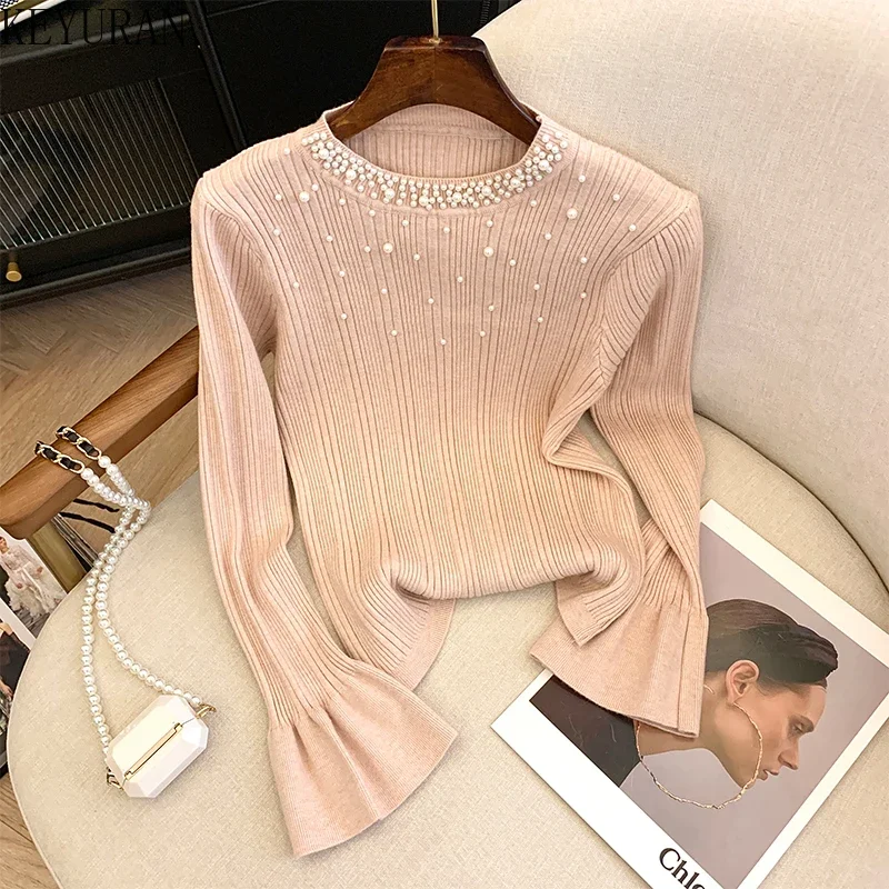 

Peals Beaded Pullover Sweater Women 2024 Spring Autumn Korean Fashion Slim O-Neck Flare Long Sleeve Sweaters Knitted Tops Jumper