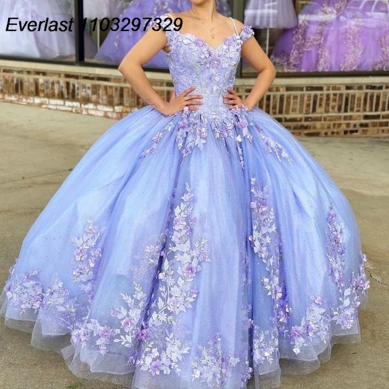 

EVLAST Lavender Lilac Quinceanera Dress Ball Gown 3D Floral Applique Beading Tulle Corset Sweet 16 Vestidos De XV 15 Anos TQD680