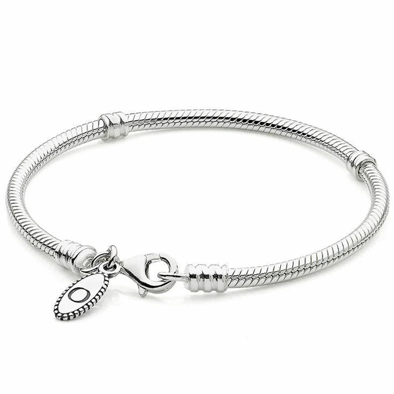 New 925 Silver Beads & Pave Ball & Barrel Heart Clasp Snake Chain Bracelet For Popular Bangle Bead Charm DIY Jewelry