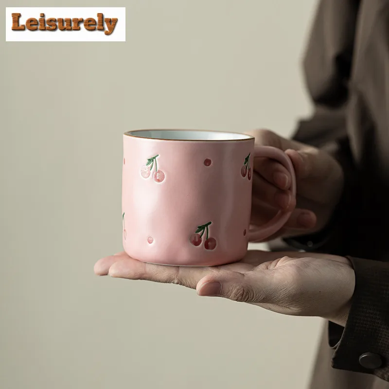 350ML Japanese Hand Drawn Cherry Ceramic Coffee Mug Personal Office Work Cup Water Jug Oatmeal Breakfast Mug Couple Handgrip Cup