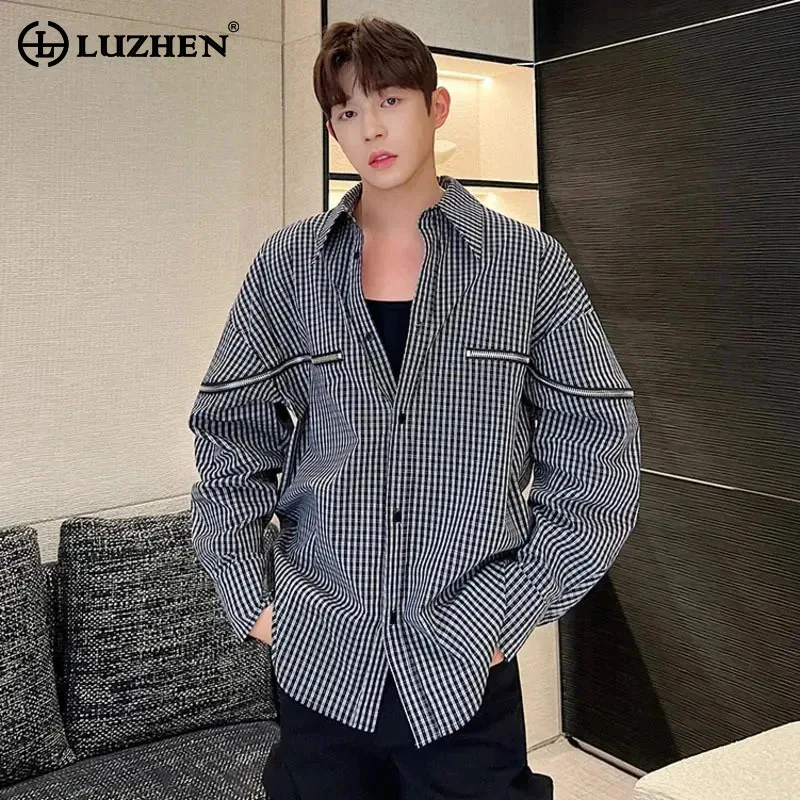 

LUZHEN PpHandsome Zipper Decorate Trendy Loose Shirts Long Sleeve Coat 2024 Plaid Splicing Casual Spring New Fashion Tops LZ2886