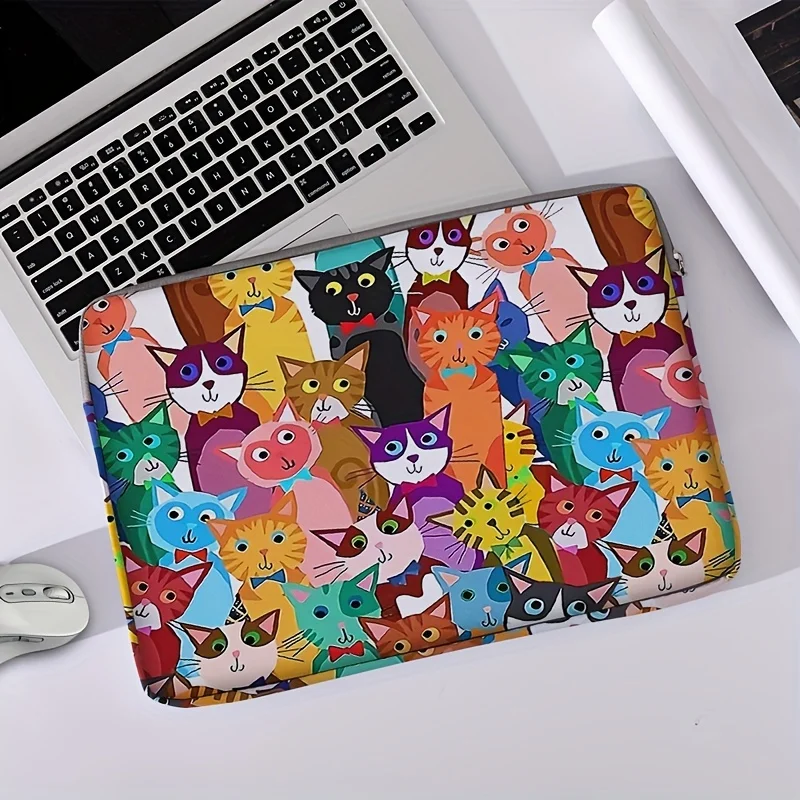 One piece set, two styles, colorful cartoon cat pattern printed laptop bag, briefcase, suitable for 14 inch laptops