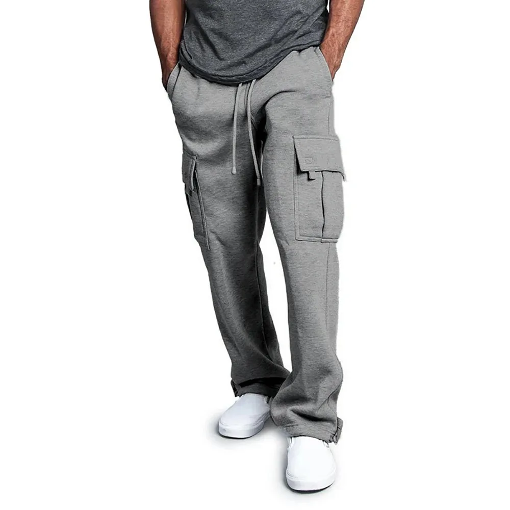 Men's Loose Drawstring Multi-Pocket Pants Loose Straight Leg Casual Outdoor Sports Jogging Solid Color Trend Street Pants 4