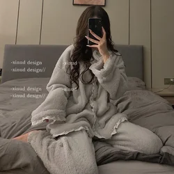 Pajamas Female Winter Ins Net Red Sweet Cardigan Lace Thickened Facecloth Girl Pajama Sets Night Gown Sleep Tops Sleepwear Women
