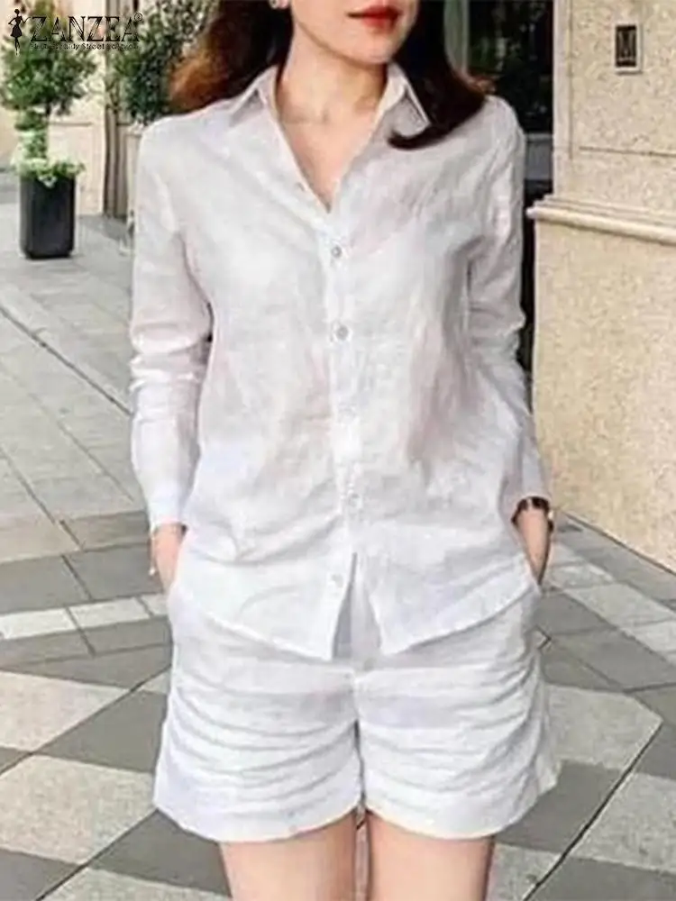 

ZANZEA Woman Fashion Solid Suit Female Casual Urban Tracksuits Long Sleeve Lapel Neck Shirt Shorts Vintage OL Work Matching Sets