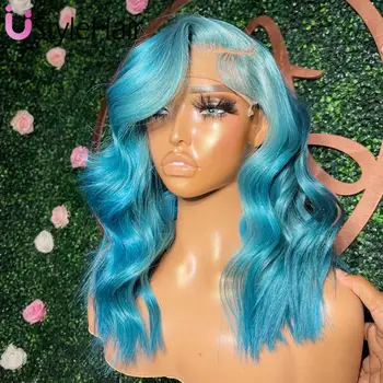 UStyleHair Blue Short Wave Lace Front Wig Body Wave Bob Synthetic Hair Daily Use Cosplay Wig Natural Hairline Heat Resistant