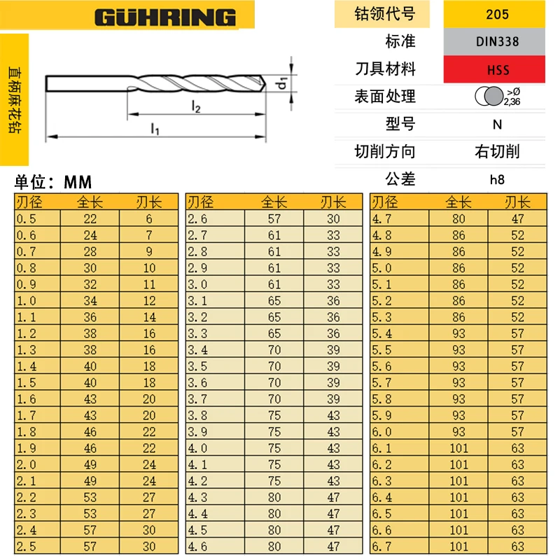 1PCS 독일 GUHRING 205 2.0-13.0MM 스트레이트 핸들 트위스트 드릴 비트 코발트 다이아몬드가 포함 된 스테인레스 스틸 고속 강철