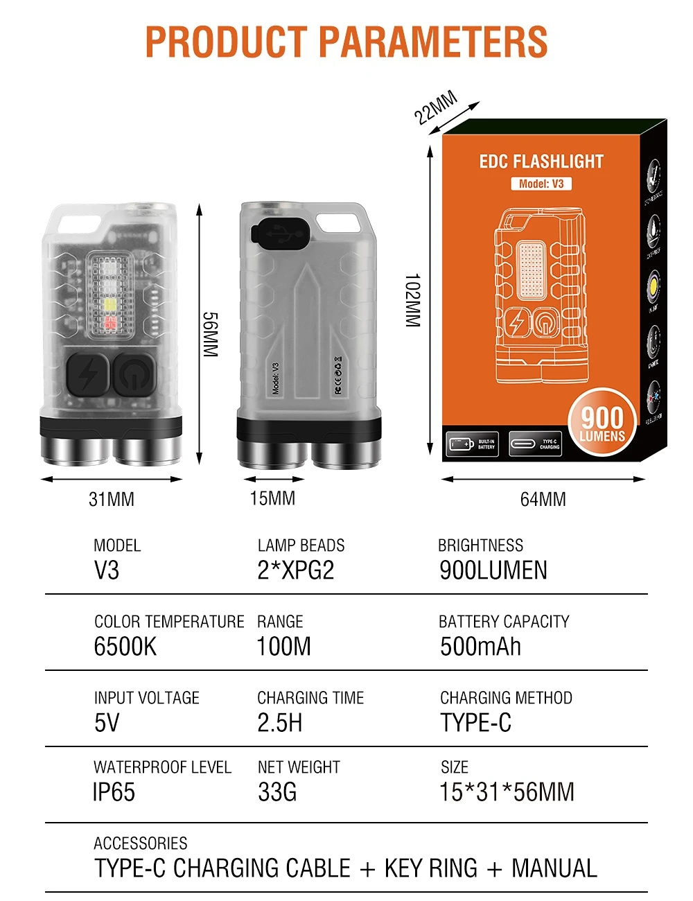 LLavero de luz V3 EDC, linterna portátil de mano de 900 lúmenes, TYPE-C superbrillante, puerto de carga USB, luz de emergencia para trabajo y Camping