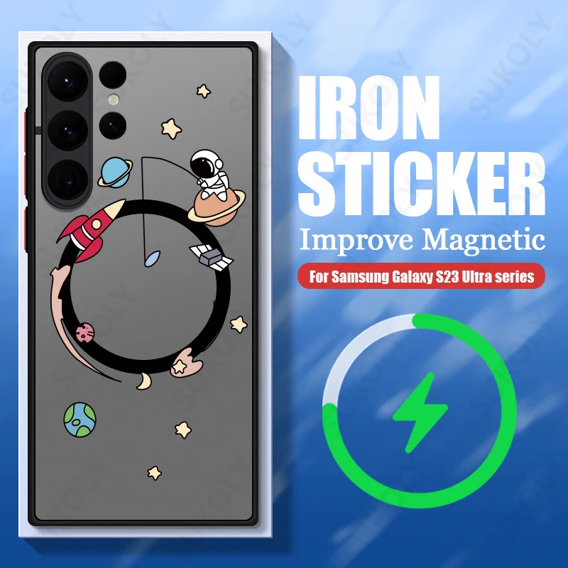 Astronaut Magsafe Charging Matte Acrylic Phone Cover with Iron Ring Design