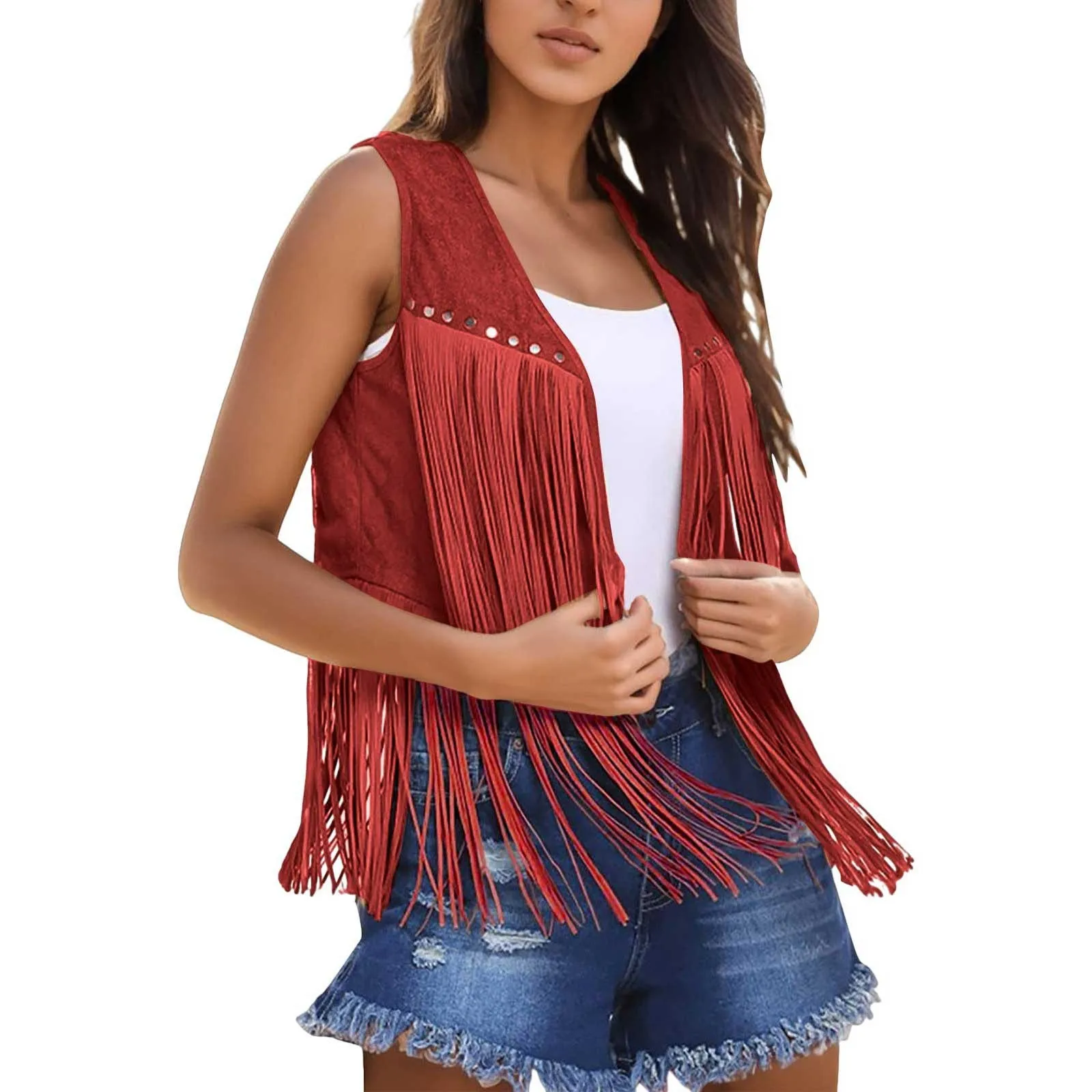 YILEEGOO Damesvest, mouwloos open voorkant met klinknagels en kwastjes, casual straatvest, camel, S, Wit, L