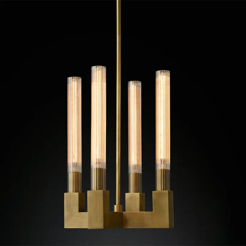 

Modern Iron Plated Pipe Erected Pendant Light with Four Square Textured Glass LED E27 Light for Living Room Bedroom