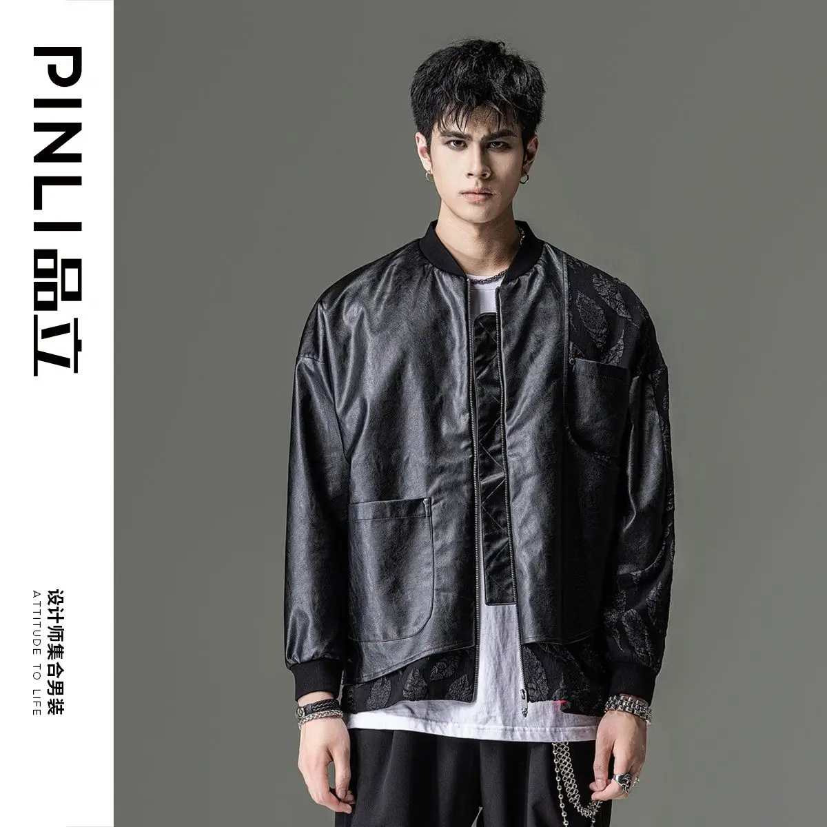 

Men's Male fashion black Original Design Autumn New Pattern Jacquard Splice PU Leather Jacket Coat Men's Spring BC223104019