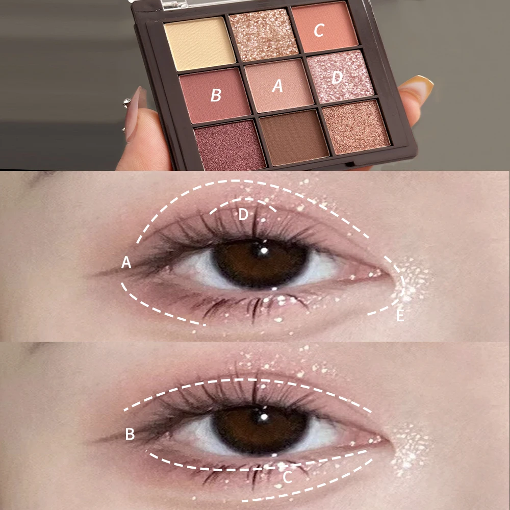 9 Colors Eyeshadow Palette Glitter Matte Pearl Nude Shimmer Waterproof Long Lasting Nine Palace Eye Makeup