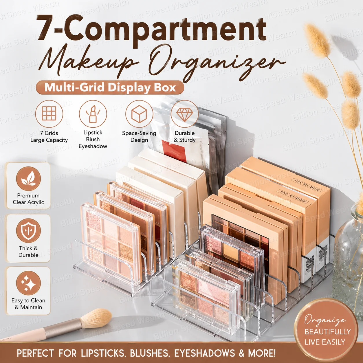 Clear 7-Compartment Makeup Organizer: Space-Saving Cosmetic Display