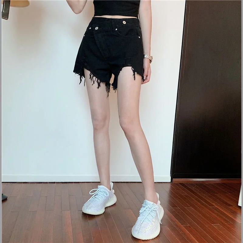 2024 Summer Women Korean Irregular High Waist White Denim Shorts New Female Fashion Casual A-line Short Jeans Ripped Tassel Wear