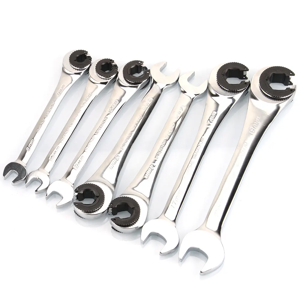 7Pcs 래칫 플레어 너트 렌치 스패너 Multitools 세트 미러 광택 오일 파이프 렌치