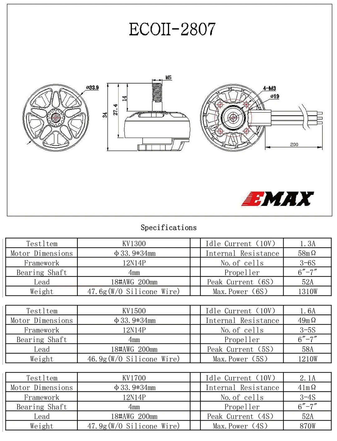 EMAX ECO II Series 2807 Motor 1/4pcs 1300KV/1500KV/1700KV Brushless Motor for RC Drone FPV Racing Parts 12 Sf7abb0ac591746feb7f00c4eebc01559n EMAX ECO II Series 2807 Motor 1/4pcs 1300KV/1500KV/1700KV Brushless Motor for RC Drone FPV Racing Parts