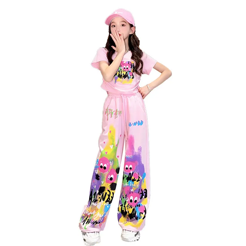 

Summer Girls Clothing Set Crop Top + Pants Cartoon 2 Pieces Casual Style Suit Children's Teenage Girls Clothing 10 11 12 14Years