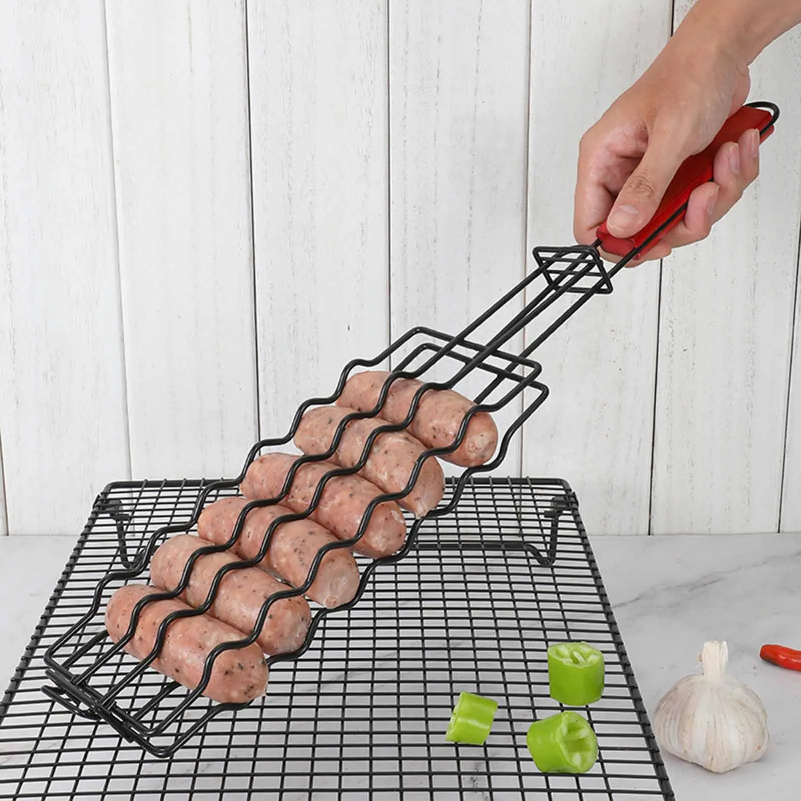 Hot Dogs Grilling Basket Folding Metal Barbecue Sausage Rack Grill Basket for Grilling Vegetables Seafood Diced Meat Outdoor