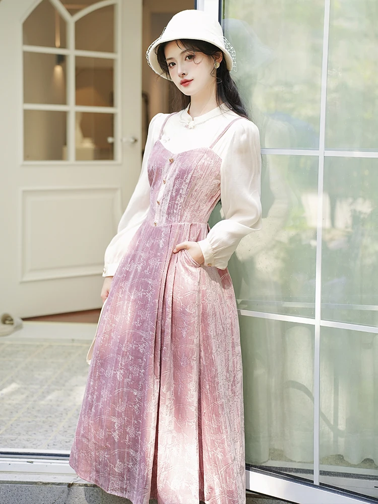 Fall Long Sleeve Dresses for Women Pink Sweet Patchwork Retro