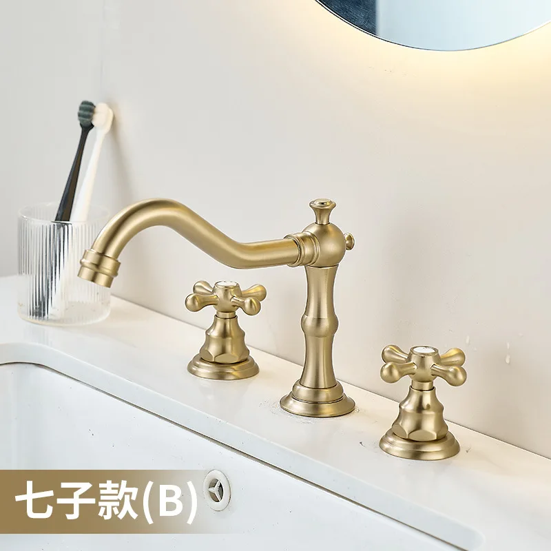 

European style copper double handle split three hole faucet basin with cold and hot faucets, light luxury gold brushed gold wash
