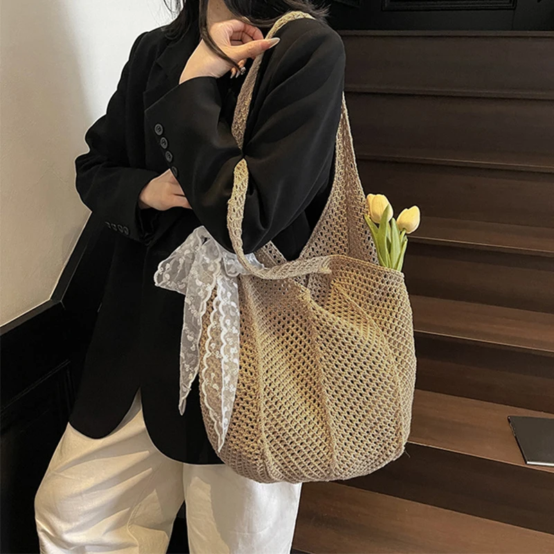 Solid Color Women Knitting Lace Bow Shoulder Bag Hollow Out Large Capacity Crochet Tote Bag Spacious Convenient Sundries Storage