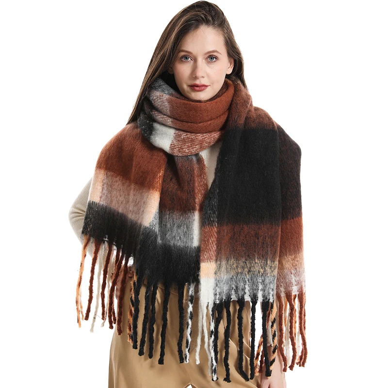 

Fashion Cashmere Women Grid Design Scarf Thicken Winter Warm Big Shawl Soft Luxury Lady Pashmina Bandana Tassel Blanket