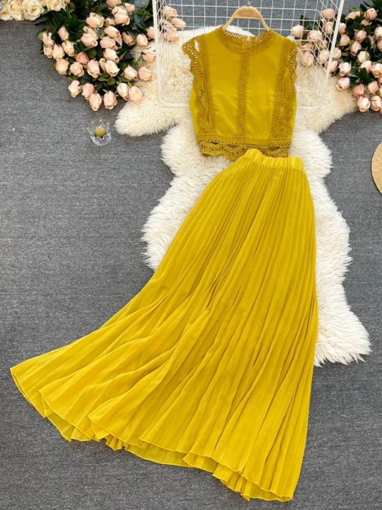 Beach Chiffon Two Piece Sets Women Summer Sleeveless Tank Tops Blouse and Pleated Long Skirts Outfits Ladies Elegant Suits