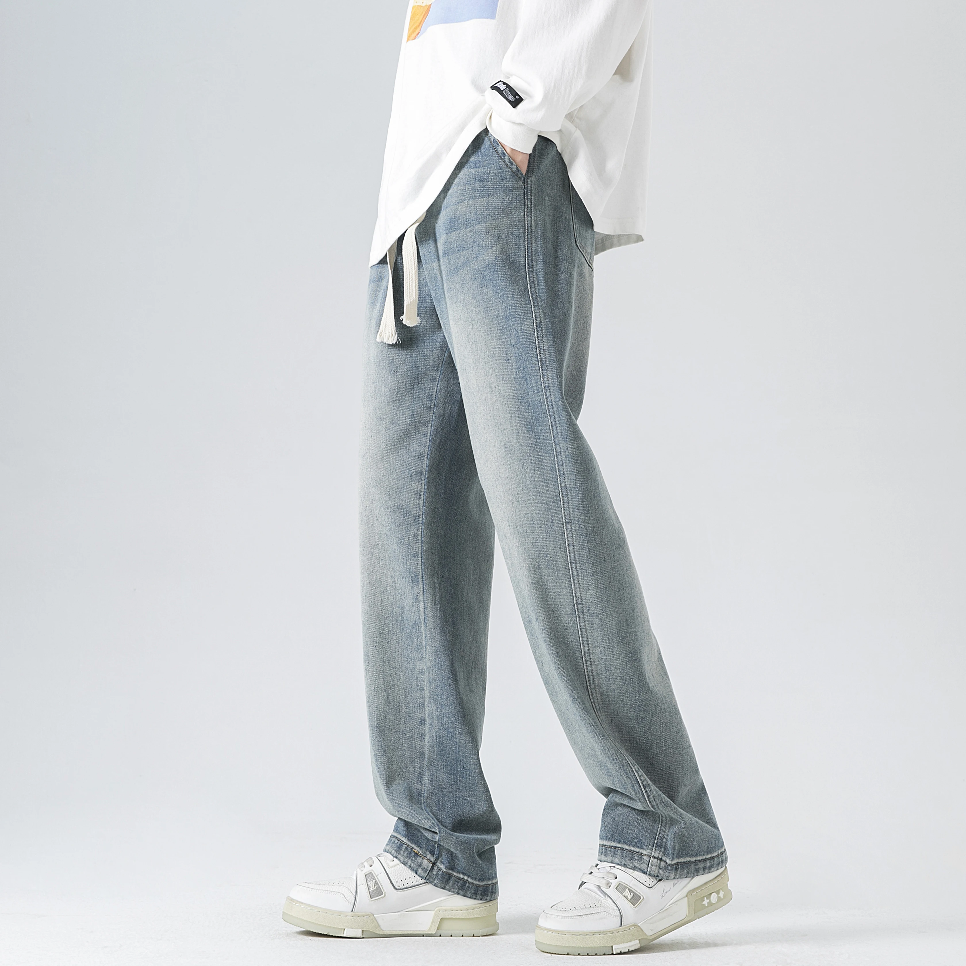 Straight Loose Hip Hop Y2K Jeans for Men Drawstring Vintage Washed Baggy Denim Pants High Street Wide Leg Trouser Streetwear
