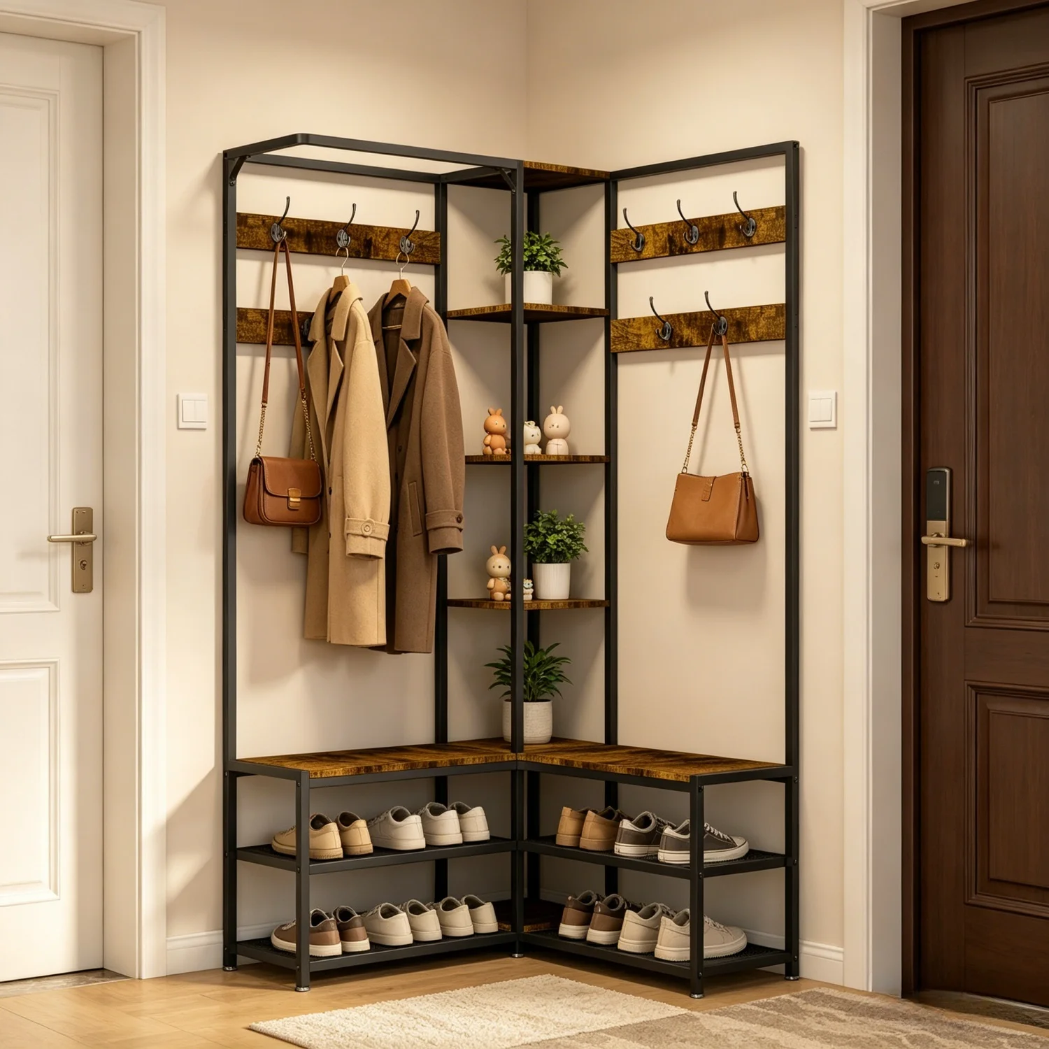 178cm Tall Hall Tree with Shoe Rack Bench and 10 Hooks Entryway Coat Rack Shoe Storage Organizer for Hallway Bedroom