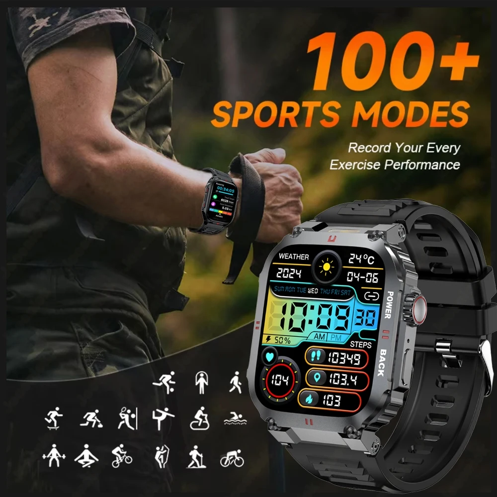 GPS Outdoor Sports Military Smart Watch Men LED Lights Health Monitoring AI Voice Assistant Waterproof Bluetooth Call Smartwatch