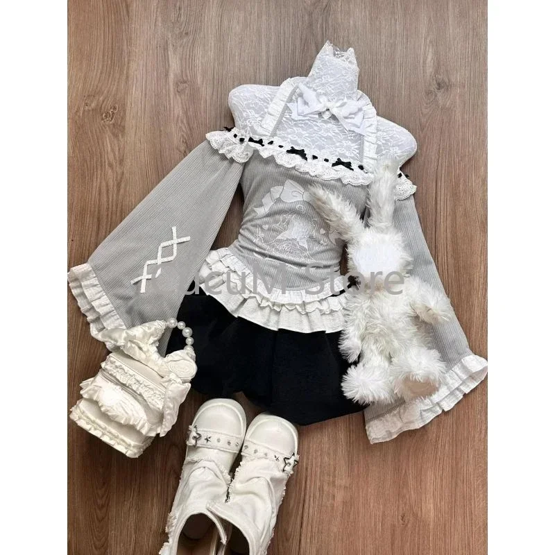 Y2k High Waist Lolita Short Skirt Suit France Vintage Slim Slash Neck Print 2 Piece Set Women Sweet Cute Off Shoulder Top Female 2