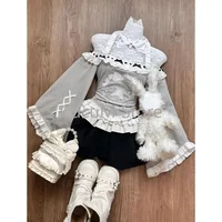 Y2k High Waist Lolita Short Skirt Suit France Vintage Slim Slash Neck Print 2 Piece Set Women Sweet Cute Off Shoulder Top Female 2
