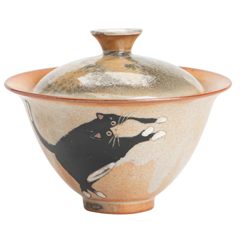 Tea Set 130ml Vintage Cute Zhi Ye Cat Porcelain Gaiwan Set For Tea Tureen Teaware Cup Chinese Hand-Paint Bowls Chawan Tea Ceremony Set