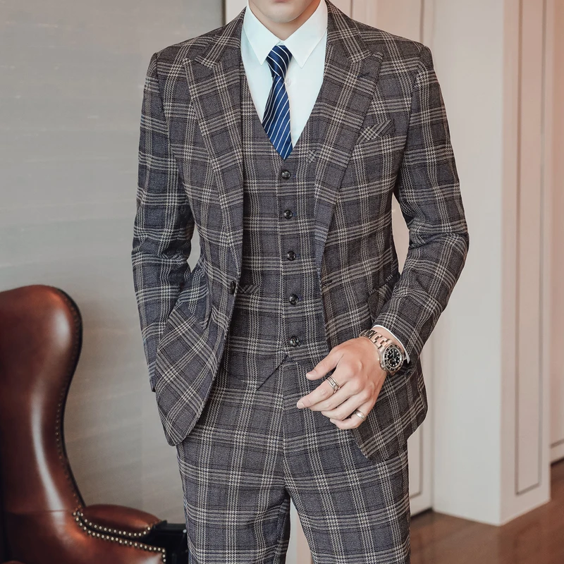 

(Jacket+Vest+Pants) Men Dress Suits British 3Piece Men Wedding Suit Autumn Men Business Formal Plaid Suit Male Luxury Slim Dress