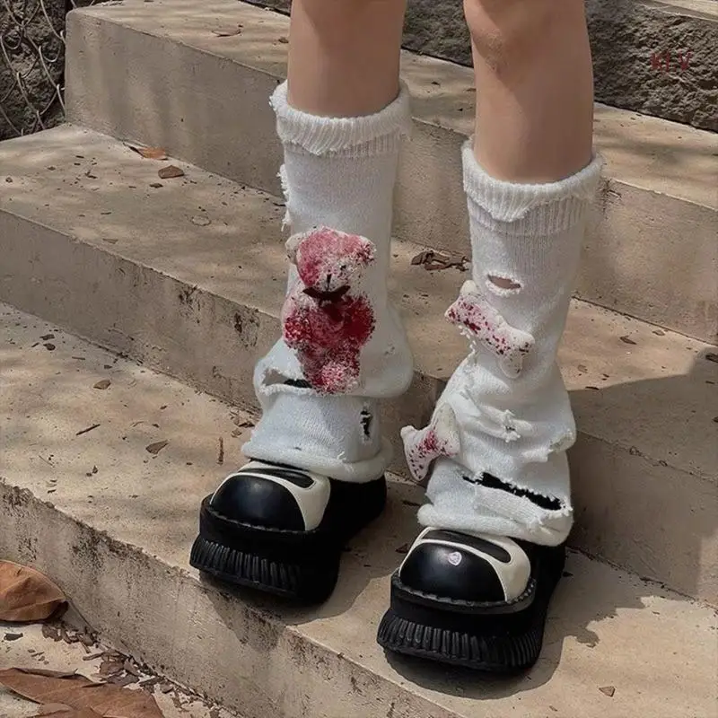 

Harajuku женские вязаные рваные гетры в готическом стиле в стиле панк 3D кукла-медведь расклешенные бахилы носки до колена 6XDA