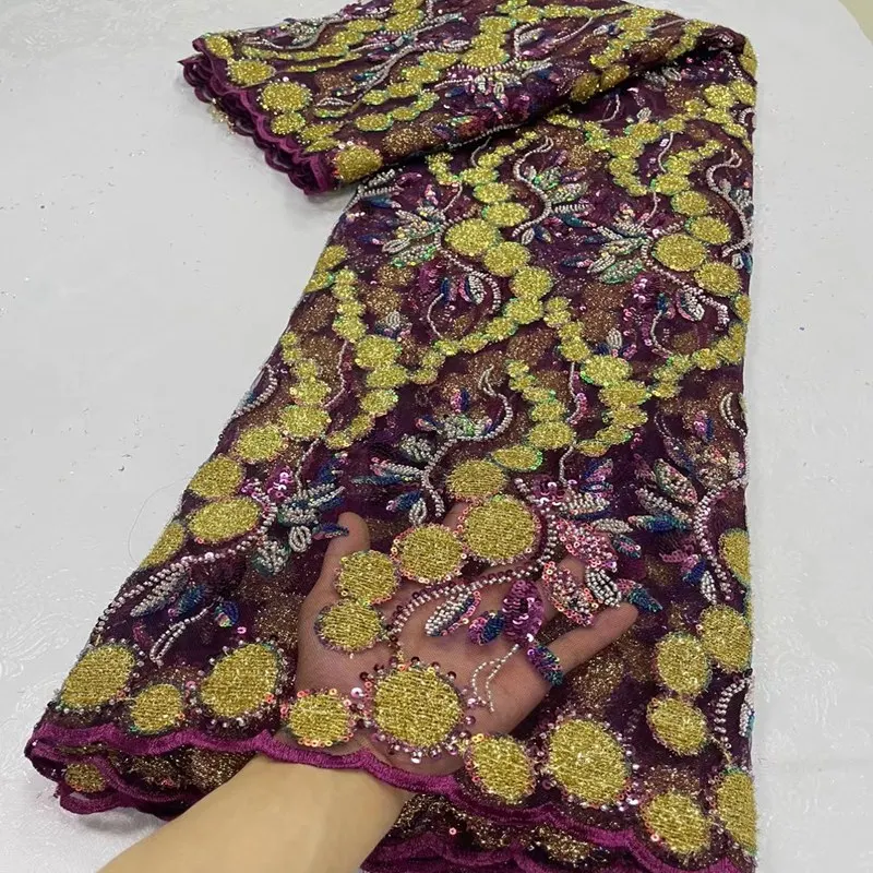 

Французская сетчатая ткань с блестками, швейная вышитая кружевная тюль, нигерийская Кружевная Ткань 5 ярдов TS2629