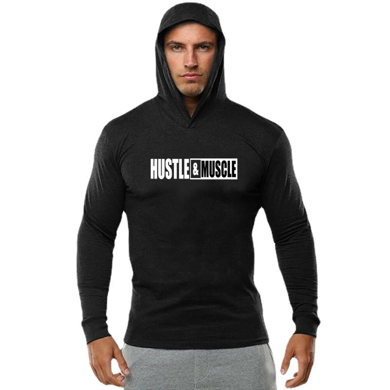 

Mens Bodybuilding Hoodies Men Gym Hooded Long Sleeve T shirt Fitness Clothing Muscle Slim Solid Cotton Pullover Sweatshirt