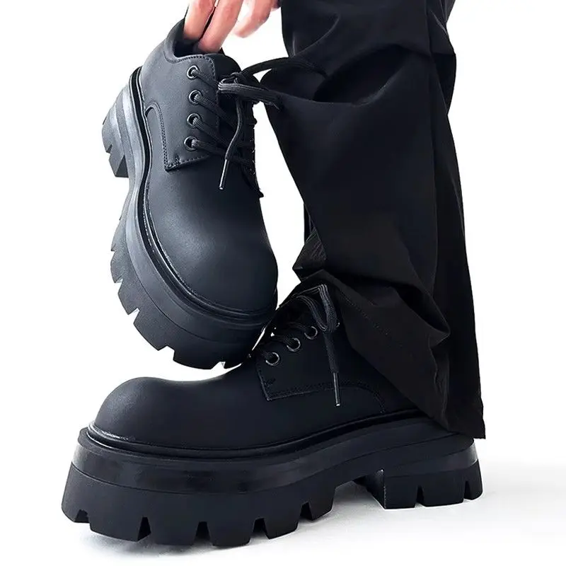High-Grade 7cm Increased Derby Carbon Black Trendy Men's British-Style Thick-Soled Hair Stylist Big Head Leather Shoes