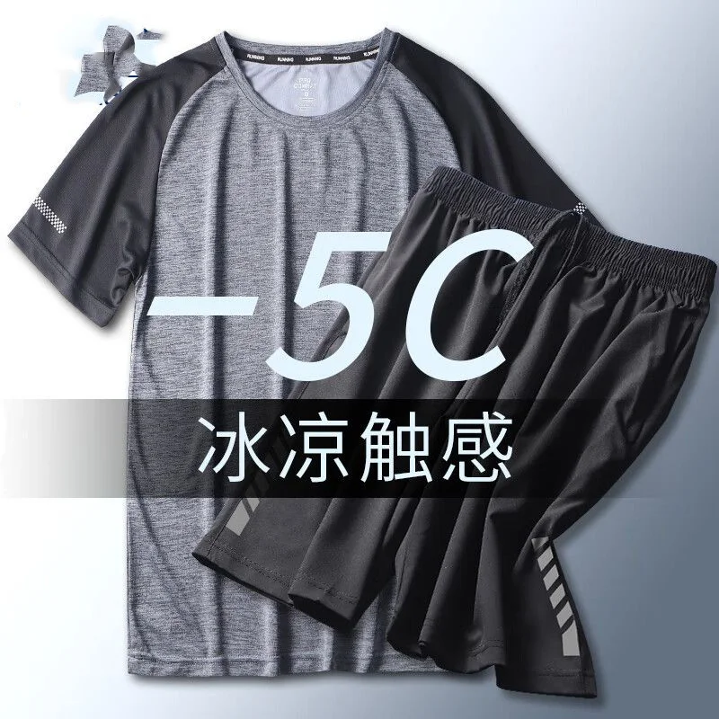 2023 Summer New Motion Men's Set Round Neck Short Sleeve Breathable T-Shirts + Elastic Waist Bodybuilding Ice Silk Fabric Shorts