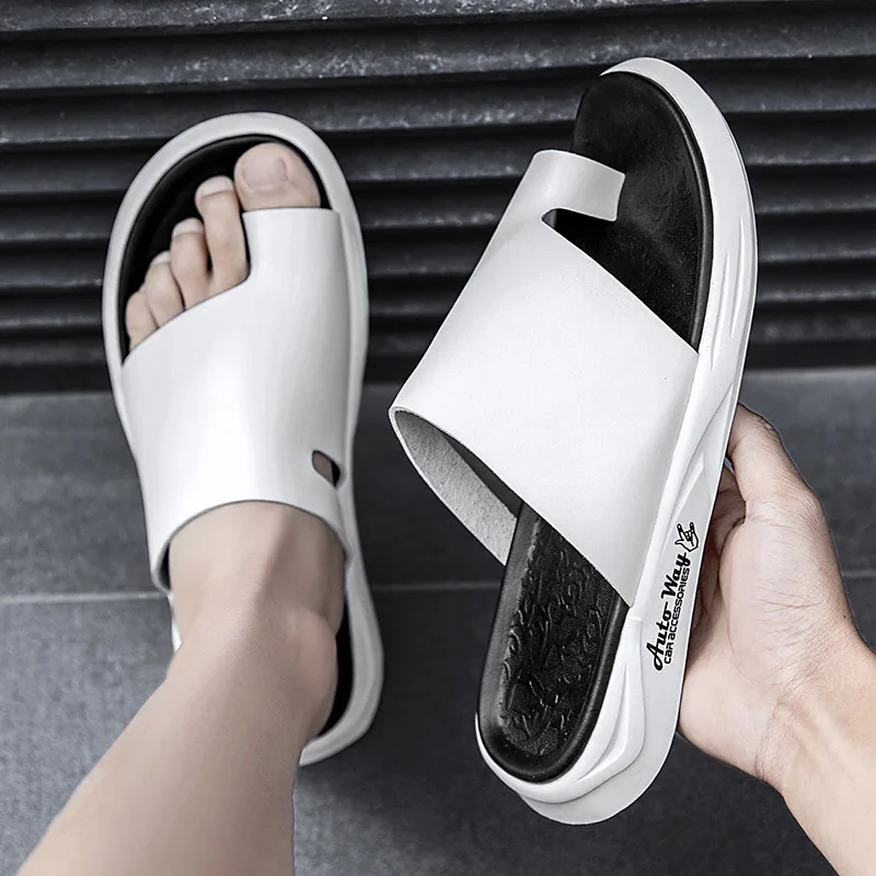 

Top Layer Cowhide Flip Flops Summer Mens Open Toe Beach Genuine Leather Solid Slippers Slip-On Outdoor Soft-Soled Comfortable