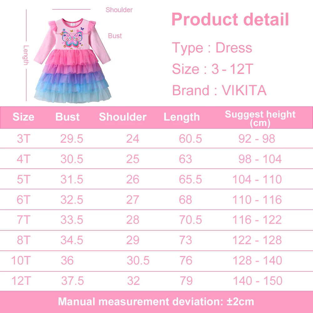 VIKITA Girls Butterfly Princess Party Tutu Dress Kids Long Sleeve Autumn Spring Layered Mesh Colorful Dresses