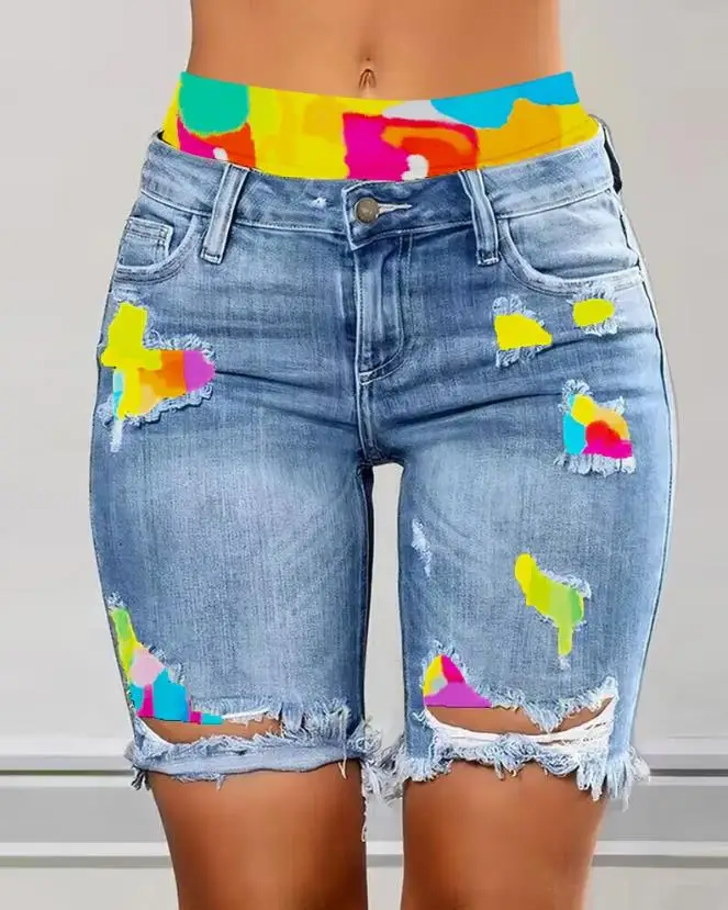 

European and American women's clothing 2024 summer new women's casual tie dye printed split denim shorts